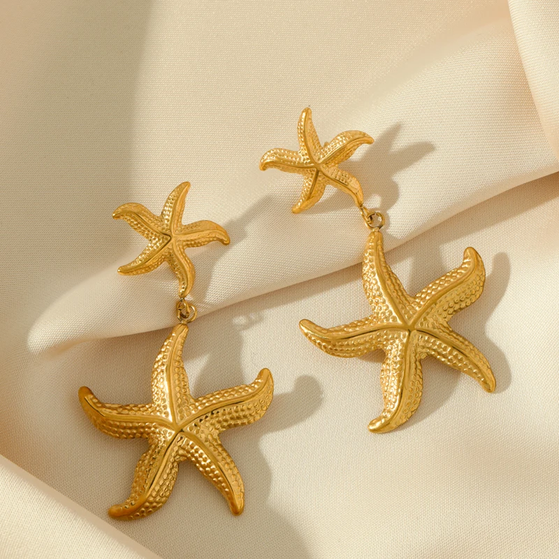 EILIECK 316L Stainless Steel Gold Color Starfish Pendant Earrings For Women Fashion Ear Dangle Waterproof Jewelry Holiday Gift
