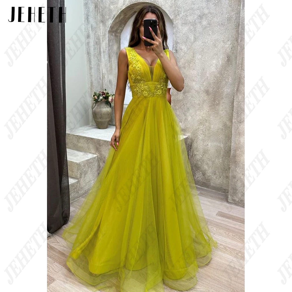 JEHETH Adquirir vestidos de noite sem mangas para as mulheres Império Lace Aplicar veJEHETH Exquisite Sem Mangas Vestidos De Noite Para A Mulher Império Lace Applique Prom Vestido De Tule A Linha فساتين للحفلات الراقصة