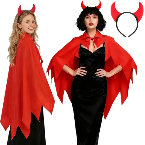 2PCS/SET Halloween Horror Cosplay Costume Polyester Red Demon Cape With Horn Headband Set Dark‑Theme Costume Ball Role‑Play