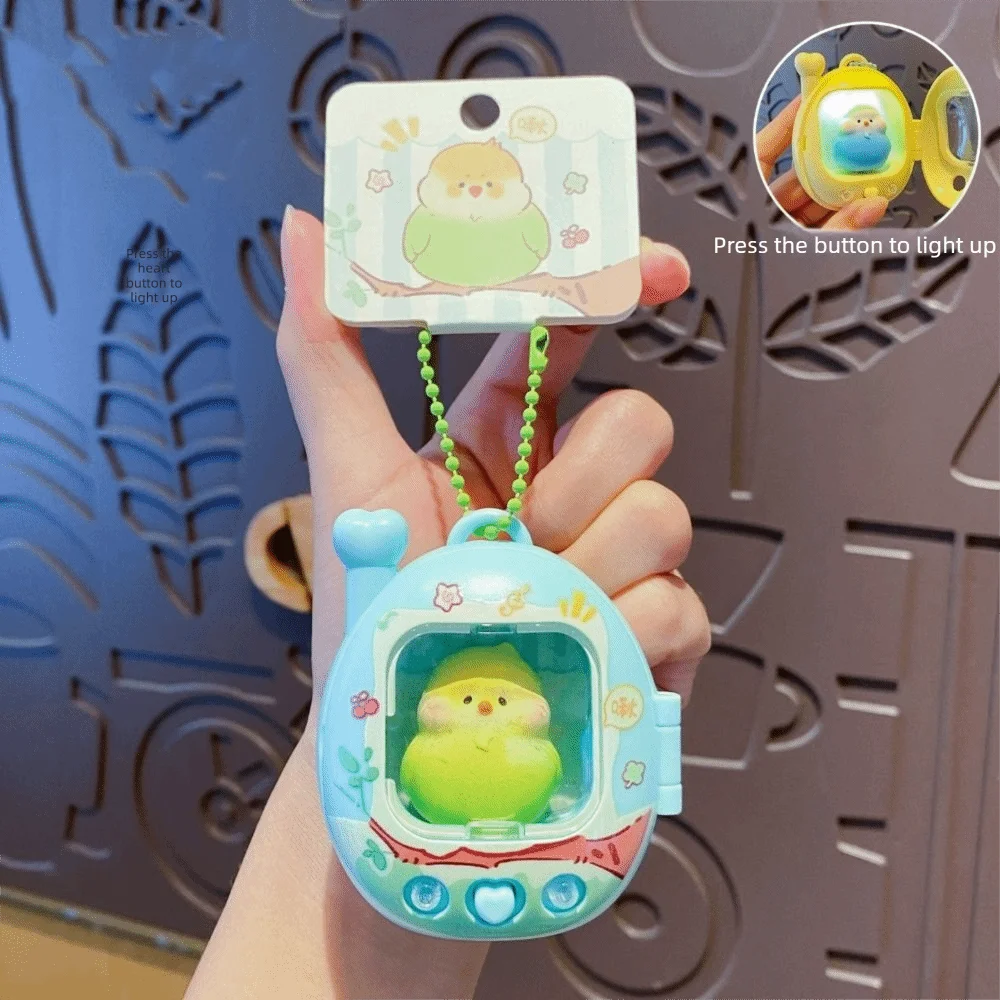 Cute Mini Parrot Keychain Retro Television Bag Charm Light Up Pendant Press Flash Pet Lovers Birds Doll Keyring For Bestie