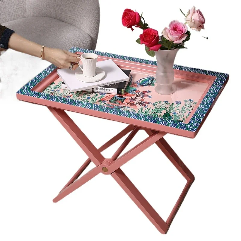 

Russian birch painted rectangular foldable mobile coffee table, artistic small side table