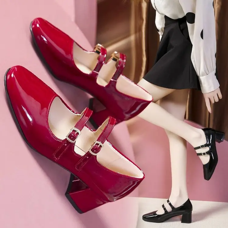 2023 Spring Autumn Women Double Buckle Mary Janes Shoes Patent Leather Dress Shoes High Heels Pumps Retro Ladies Shoe Black Red