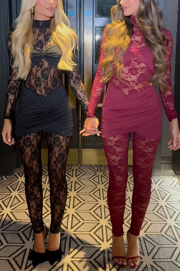 ヨーロッパ系アメリカ人女性向けファッショナブルでセクシーなナイトクラブ向けメッシュレースの透かし彫りシースルージャンプスーツ