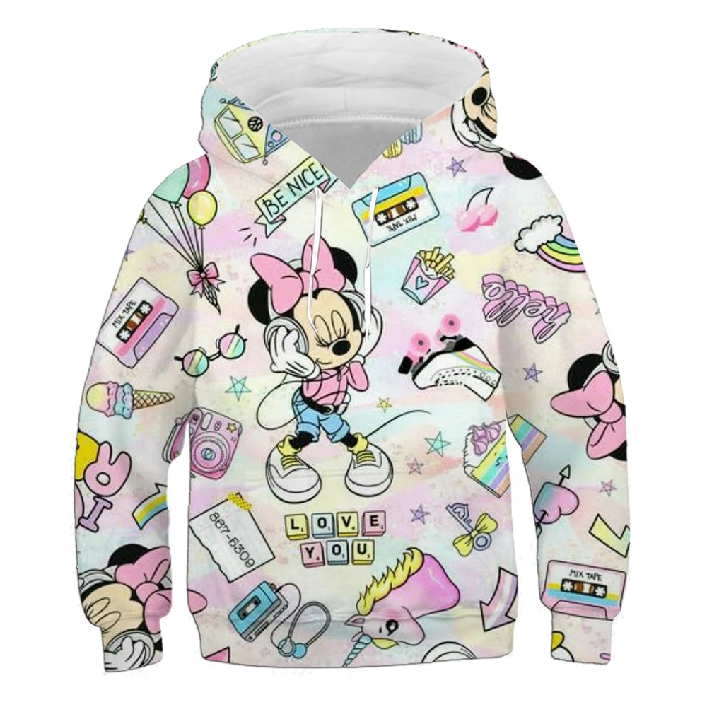 Sweat à capuche 3D à manches longues pour fille de 1 à 14 ans, sweat-shirt décontracté avec dessin animé Disney Mickey Mouse, pr