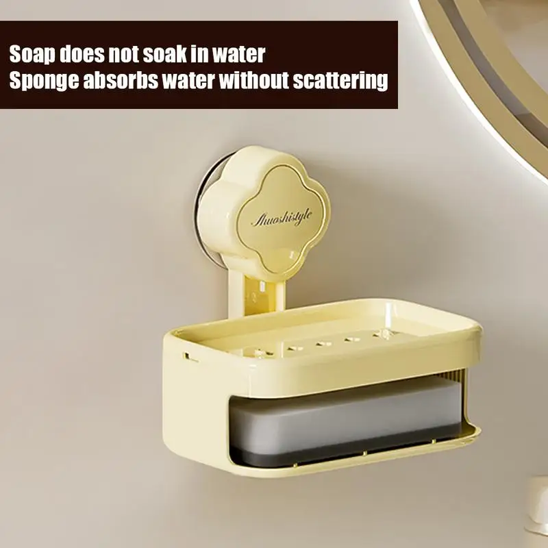 Suction Soap Dish For Shower Double Layer Suction Soap Dish Storage Rack Drying Holder With Side Hook For Sponge Towel