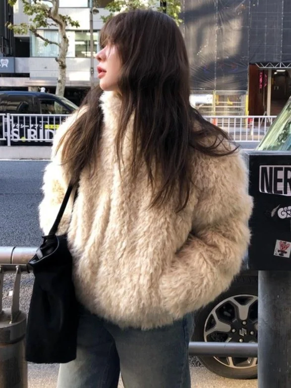 

Ele Winter Outerwear Women's Long Sve High Collar Loose Fit Faux Fur Coat Luxury Feel Korean Sle Polyester Fiber