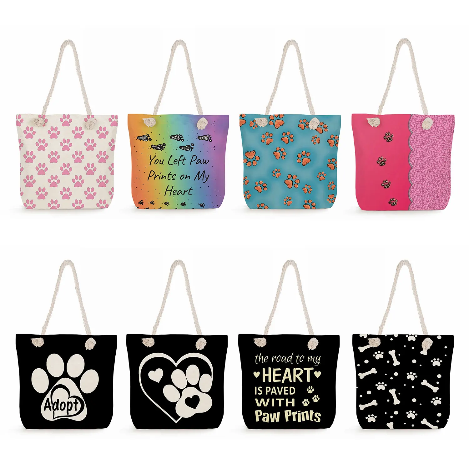 Dog Paw Printed Handbags For Women High Capacity Thick Rope With Casual Traveling Shoulder Bags Polyester Linen The Tote Bags