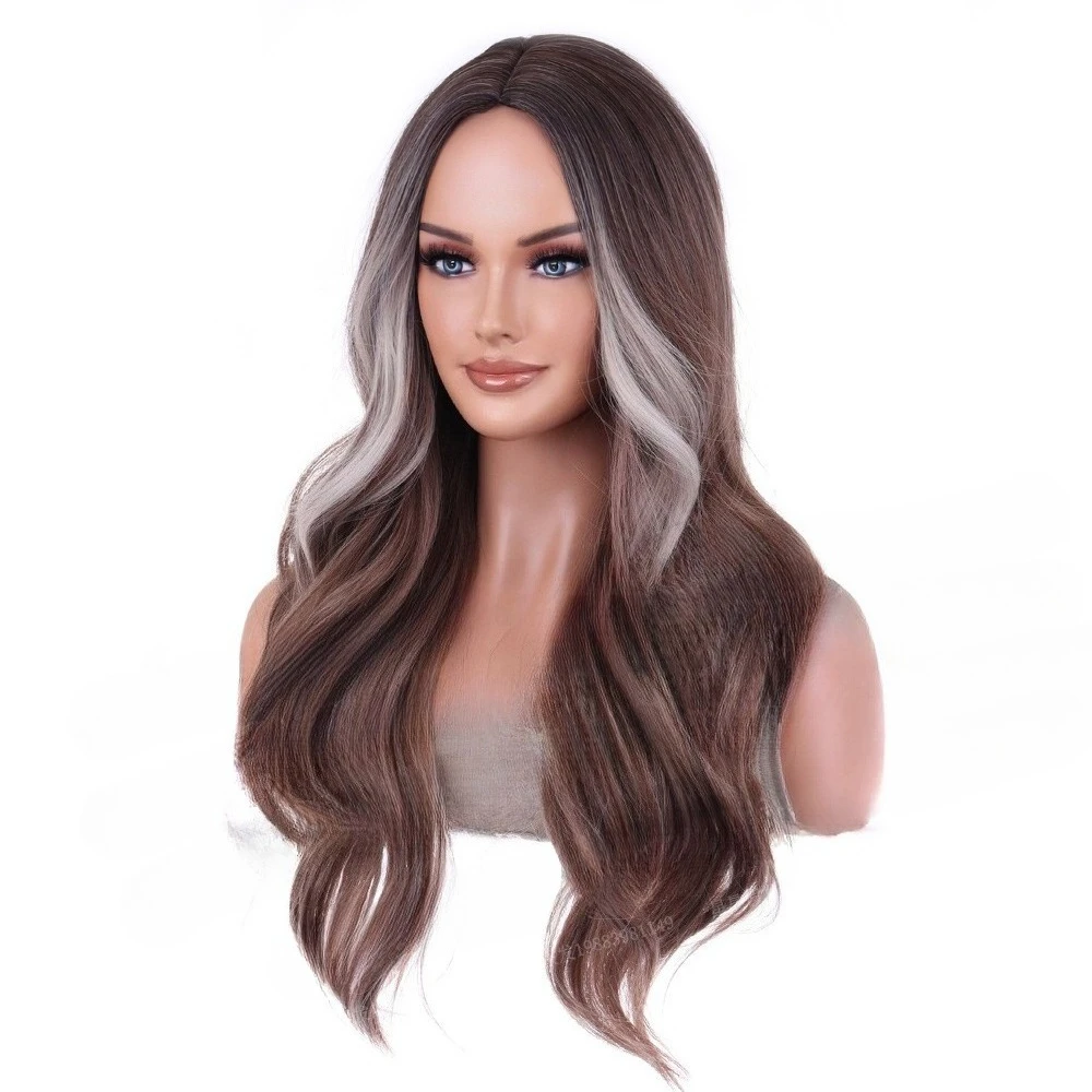 Medium wig Female Hair top brown gradual change golden hood, cross-border wholesale chemical fiber Wig