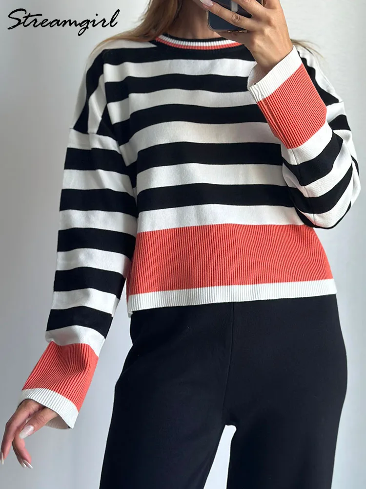 Autumn Winter Oversized Striped Sweaters For Women Loose Jumpers O Neck Knitted Tops Ladies Office Women Sweaters Orange 2024