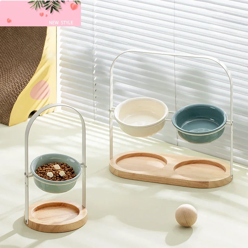 

Dogs Ceramic Bowl with Stand Small Medium Dogs Food Water Feeders Height Adjustable Pet Cat Drinking Eating Double Bowls