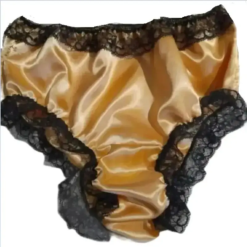 

Charming and Comfortable Yellow Smooth Satin Patchwork Black Lace Inlaid Sexy Triangle Shorts