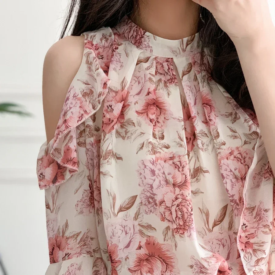 New Top Strapless Women Blouse O-Neck Print Chiffon Blouse Shirt Women Tops Blouses Shirts Blusas Para Mujer Camisas 2024 M123