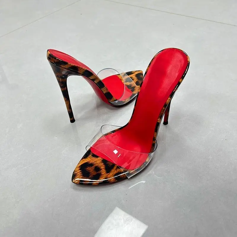 

Summer leopard print pointed high heels, stunning beauty, slim heels, exposed toes, half drag minimalist sandals