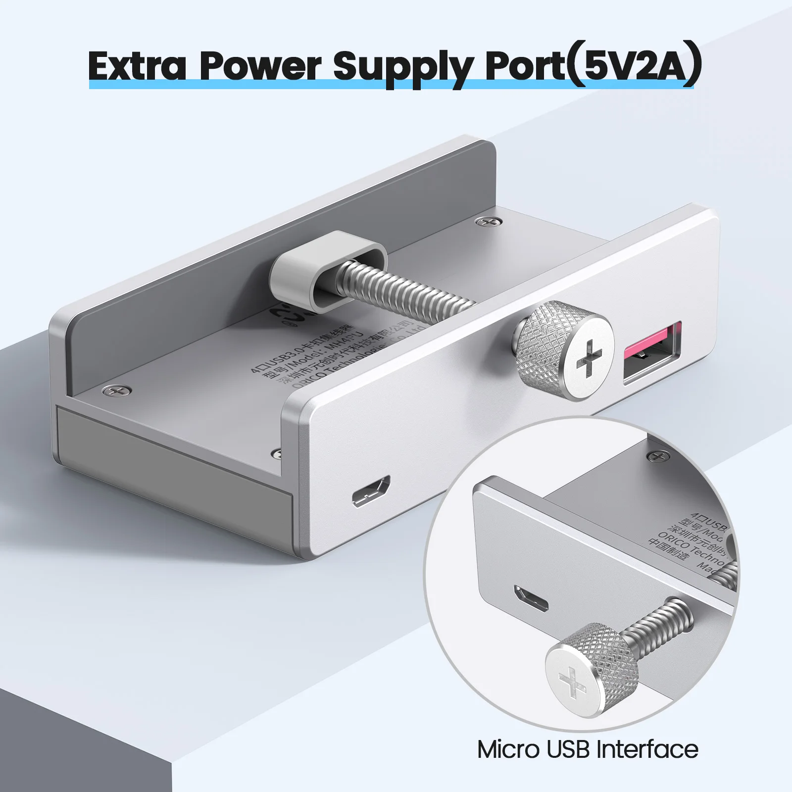 ORICO 4 Ports USB 3.0 Aluminum HUB For Desktop Laptop Clip Range 10-32mm With 150cm Cable 5V2A Power for Photographer Vloger