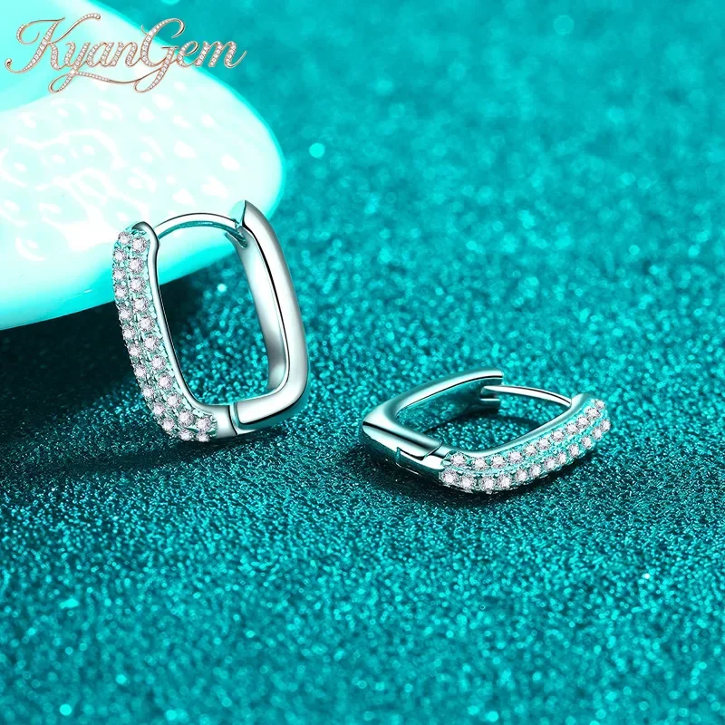 KyanGem 18K Gold Set Diamond Double Row Moissanite 0.21 Carat Square 18K Platinum Simple Ear Buckle Jewelry Gift