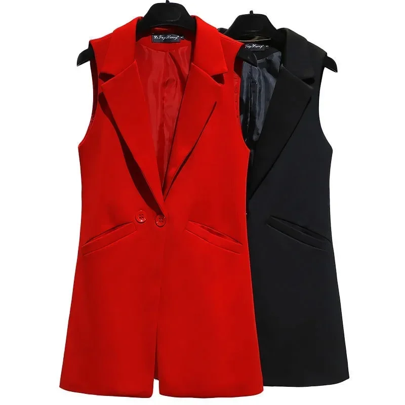 2024 Vest Women Sleeveless Jacket Coat Long Vest Blazer Formal Work Ladies Office Vintage Slim Suit Waistcoat Female Oversize