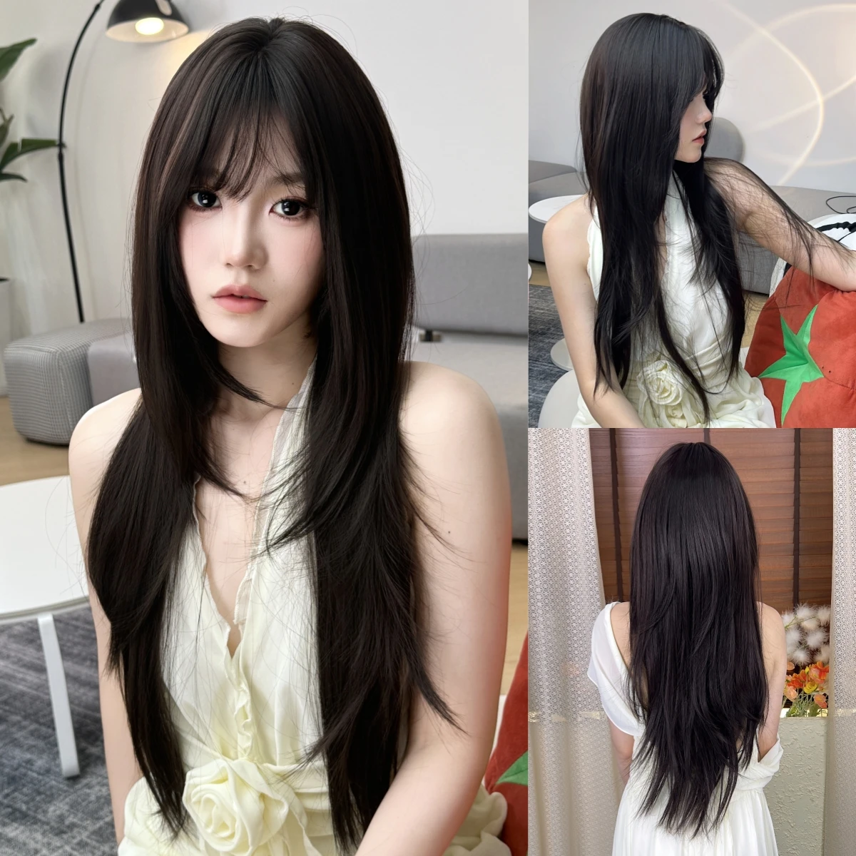 Brown Synthetic Wigs Long Straight Layered Fake Hair With Bangs For Women Daily Party Use Heat Resistant Fiber Natural Looking