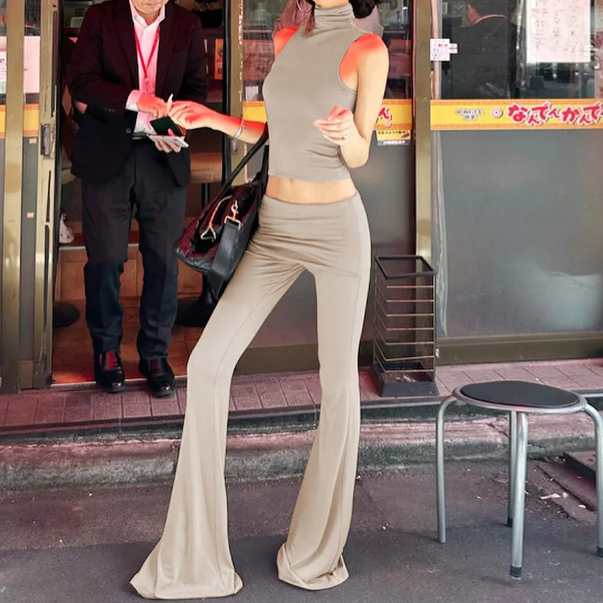 

Two-piece Women's Casual Turtleneck Sleeveless Navel Vest Bell-bottom Trousers Suit Women's Summer Casual Street Trousers Suit