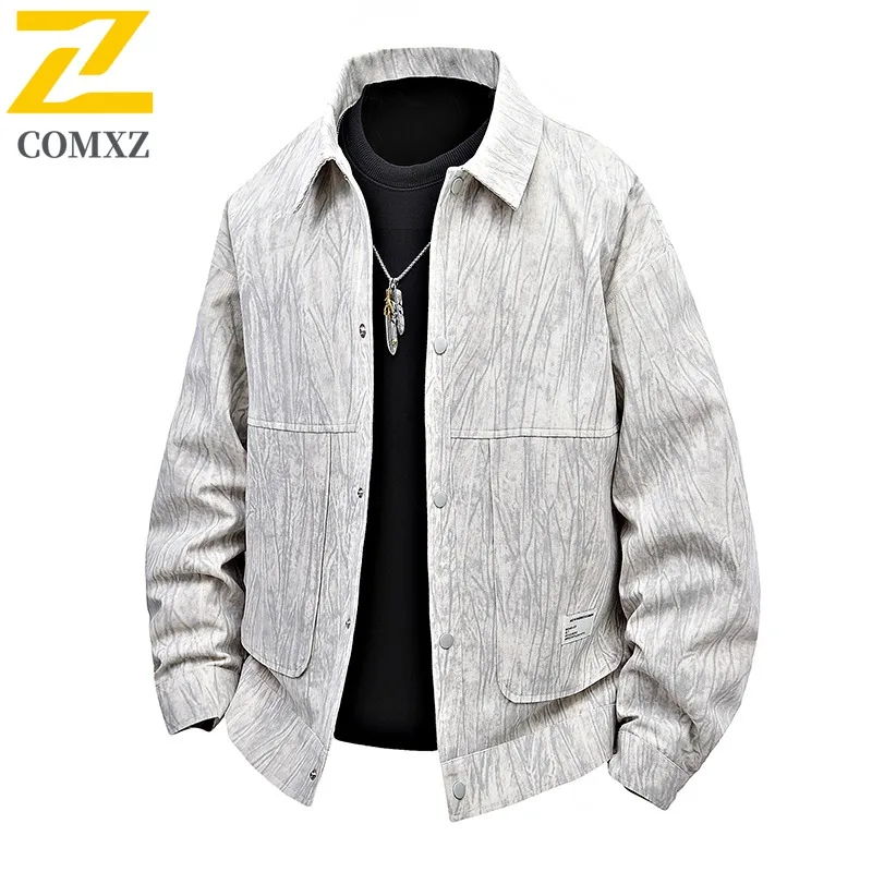 

COMXZ 2025 Spring Autumn Trend Hong Kong Style Men Fashion Print Corduroy Jacket Plus Size Loose Square Collar Coat