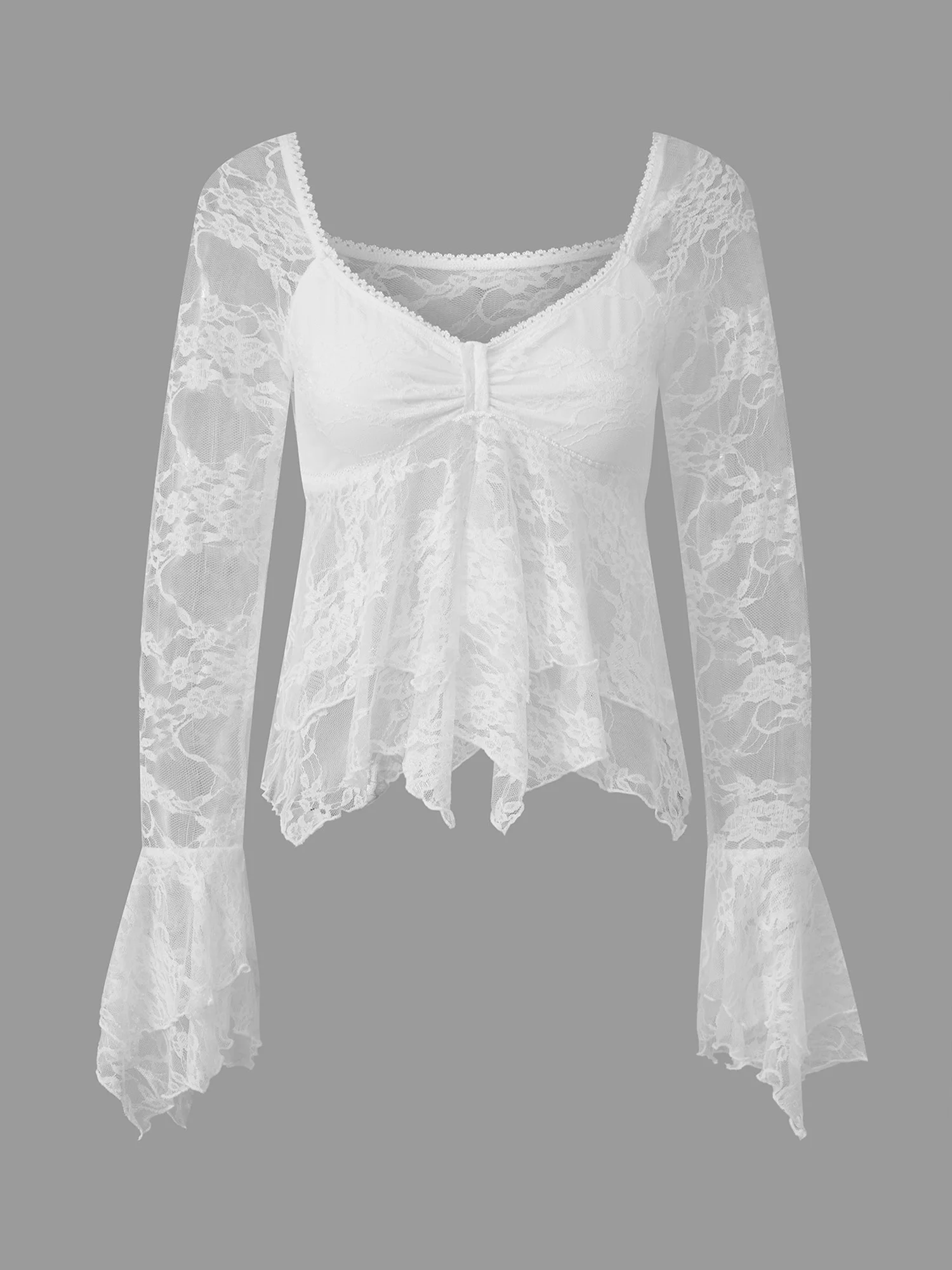 Elegante camicetta da donna in pizzo con scollo a V e maniche lunghe, perfetta per feste e eventi primaverili ed estivi