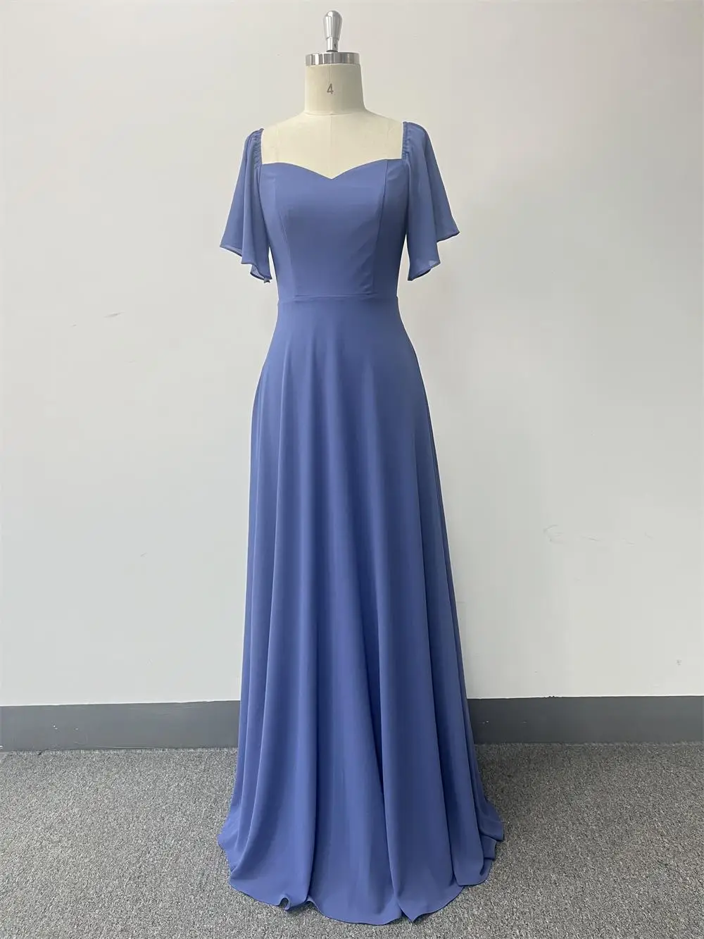 ブルーシフォンロングドレスブライドメイド用ウェディングパーティーゲストパーティードレスフロアレングスAラインドレス
