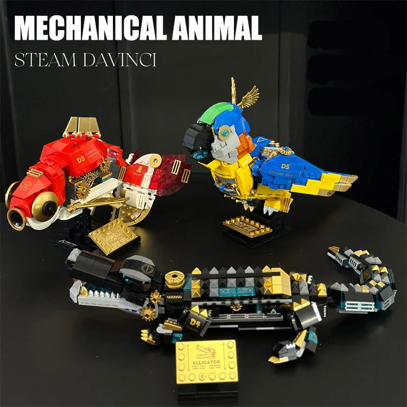 Creative MOC Mechanical Goldfish Parrot Crocodile Model Building Blocks DIY Steampunk Style Animal Bricks Toys For Children Gift