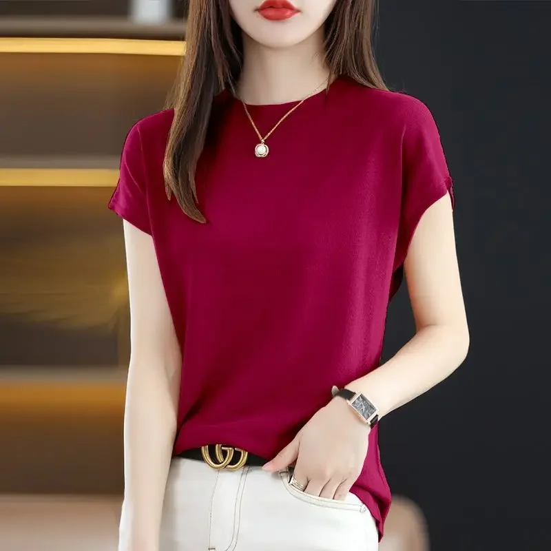 

Round Neck Women's Summer New Splicing Fashion Solid Color Loose and Versatile Sleeveless Vest Knitted Short Sleeved T-shirt Top