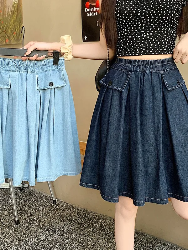 

Loose Wide Leg Jeans Cotton Pure Waed Five Parts Summer Pleated Skirt Pants High Waist A-Line Midi Skirt for Women