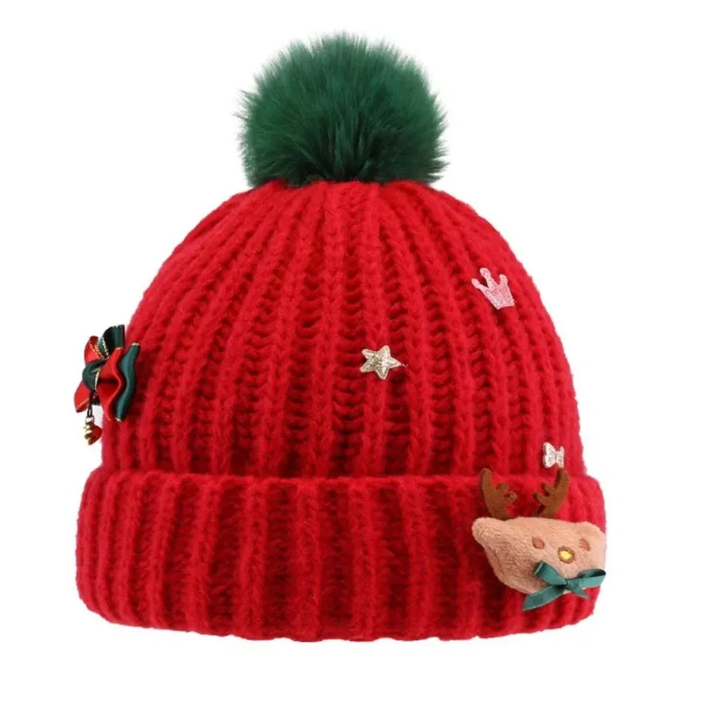 

Fashion Soft Christmas Plush Cap Bow Elk Deer Red Knitted Woolen Hat Green Cartoon Big Pullover Hat Girls