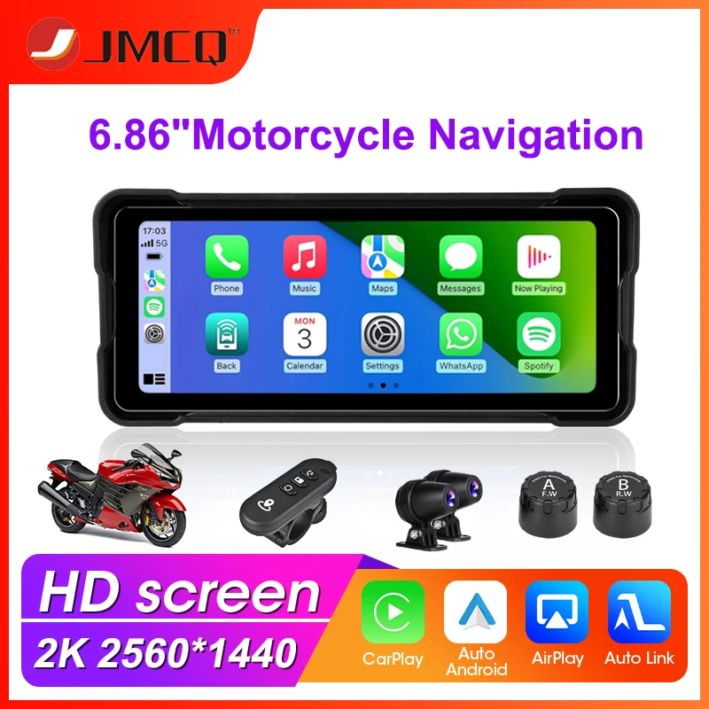 

JMCQ 6.86 inch Motorcycle Navigation DVR 2K Dual Lens IPX7 Waterproof Portable Wireless Carplay/Android Auto Bluetooth Monitor