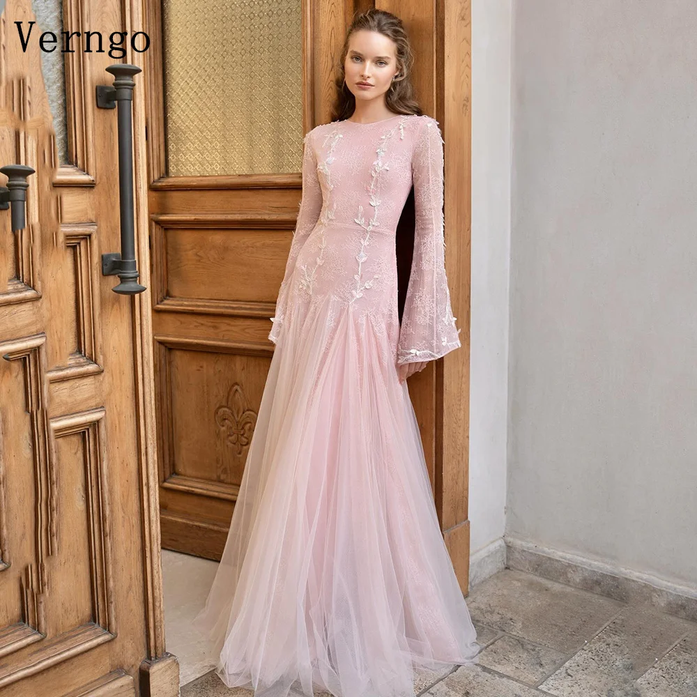 

Verngo Pink Lace Appliqeus Evening Dresses O Neck A Line Formal Occasion Dress Women Elegant Maxi Prom Gowns Customized