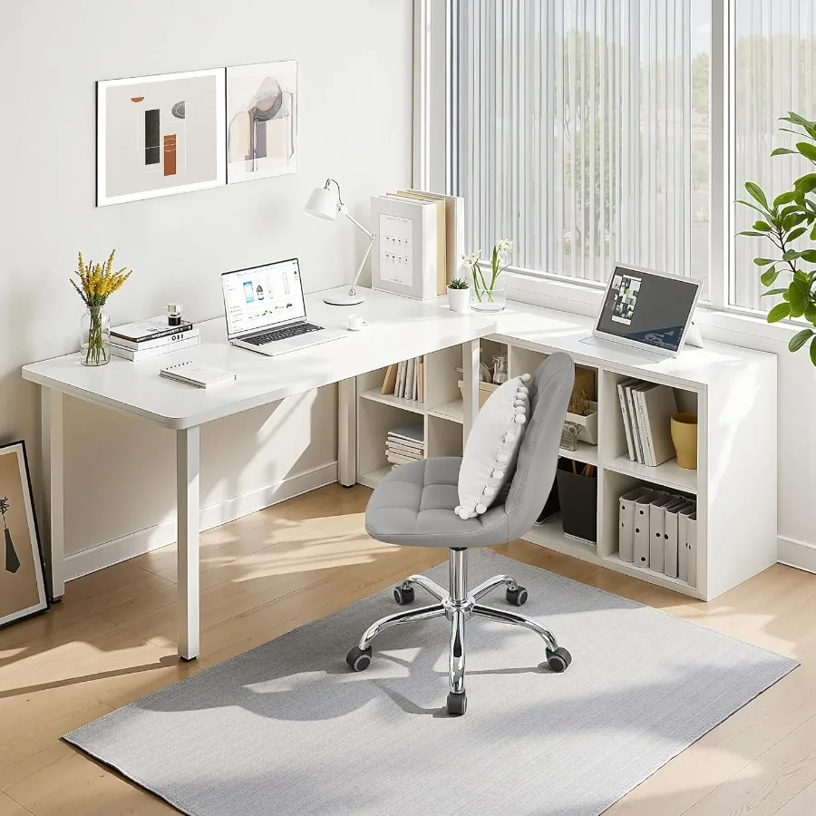 مكتب وكرسي مكتب منزلي بدون ذراع، ارتفاع قابل للتعديل، دوار 360 درجة مع عجلات، كرسي تزيين أنيق وغير رسمي، رمادي.