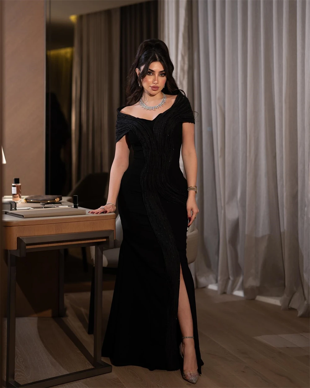 Customized Classic Black Jersey Evening Dress Classic V-Neck Off the Shoulder Party Dress Soft Mermaid Sweep Train Prom Dresses