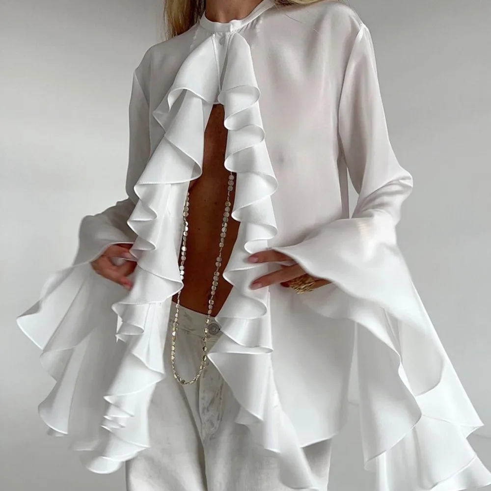 2025 Elegant Ladies Chiffon Shirt Top Fashion O-Neck Trumpet Sleeve Ruffled Single-Breasted Loose Casual Solid Color Top  Blouse