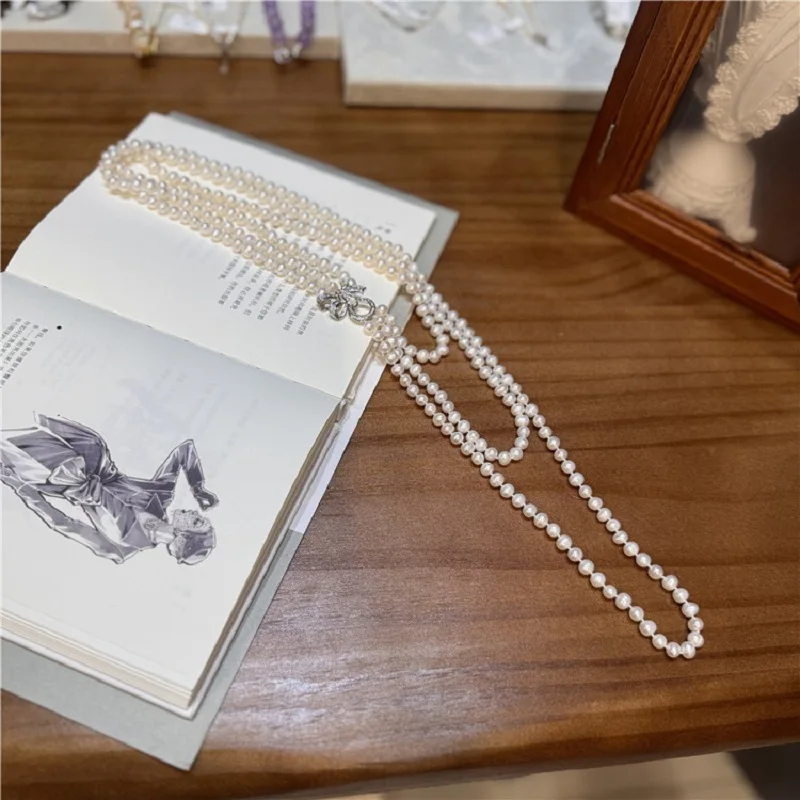 3 Rows Strand 6-7mm Natural White Round South Sea Pearl Necklace 40CM-75CM