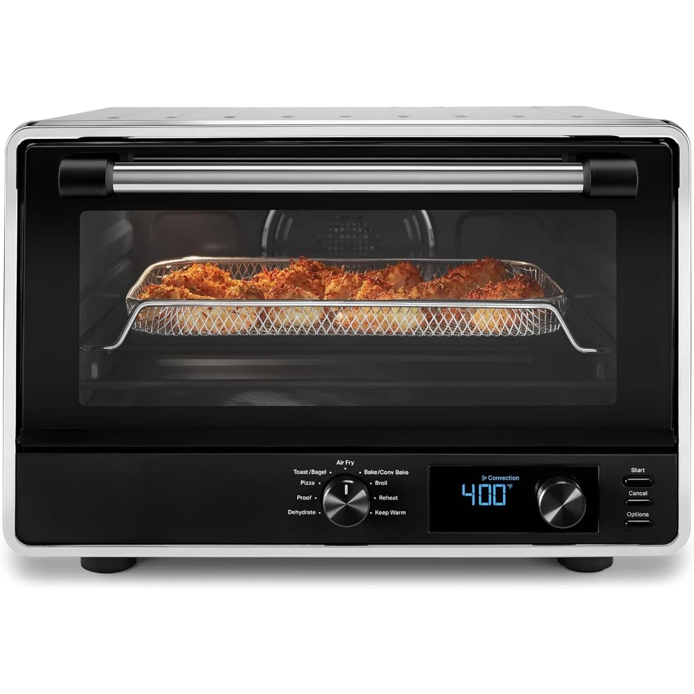 Horno de encimera digital con aire frito y pizza de piedra, plata contorneada 16"P x 17"W x 11,3"H