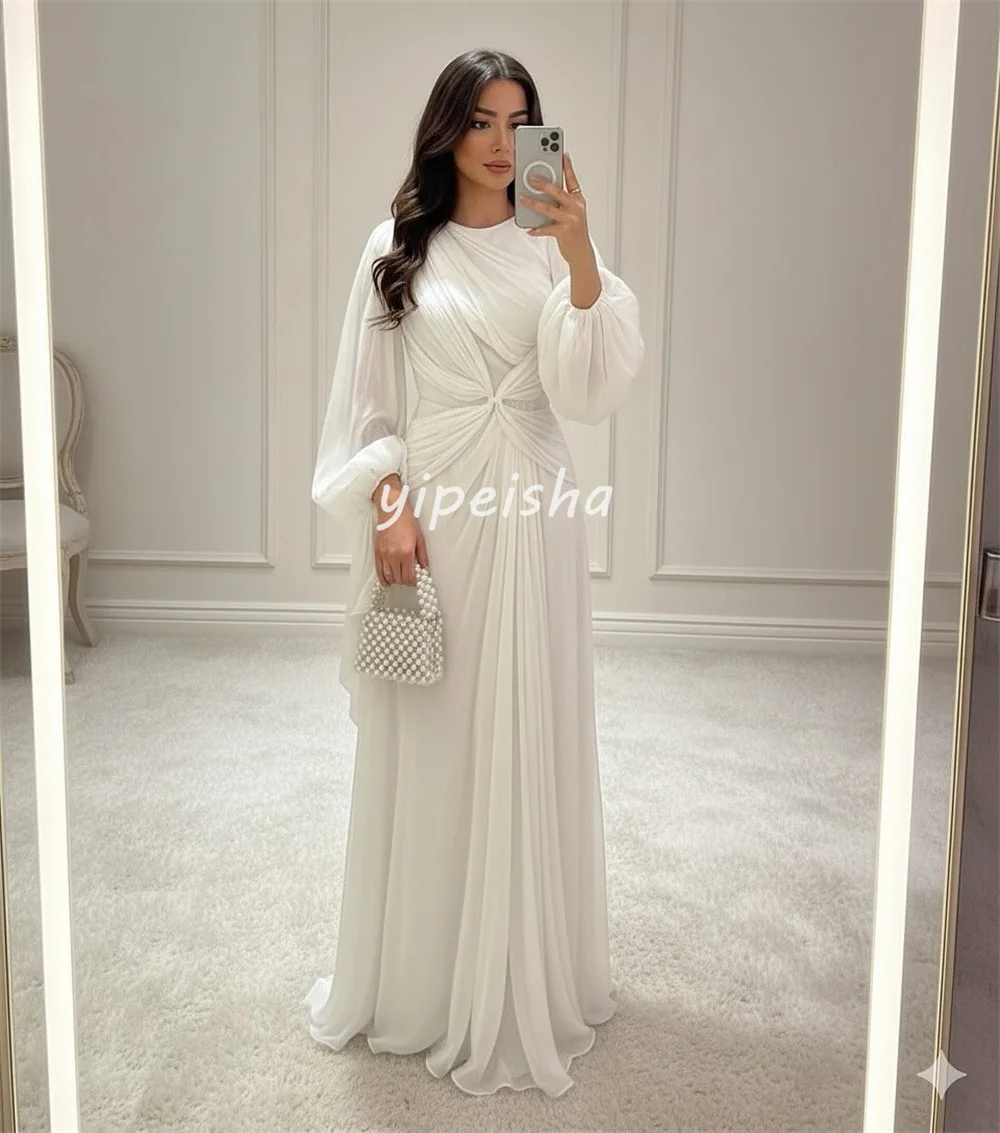 Customized Matching Modern Style Chiffon Pleat Ruched Draped A-line Scoop Neck Long Dresses Evening Dresses Sizes Available