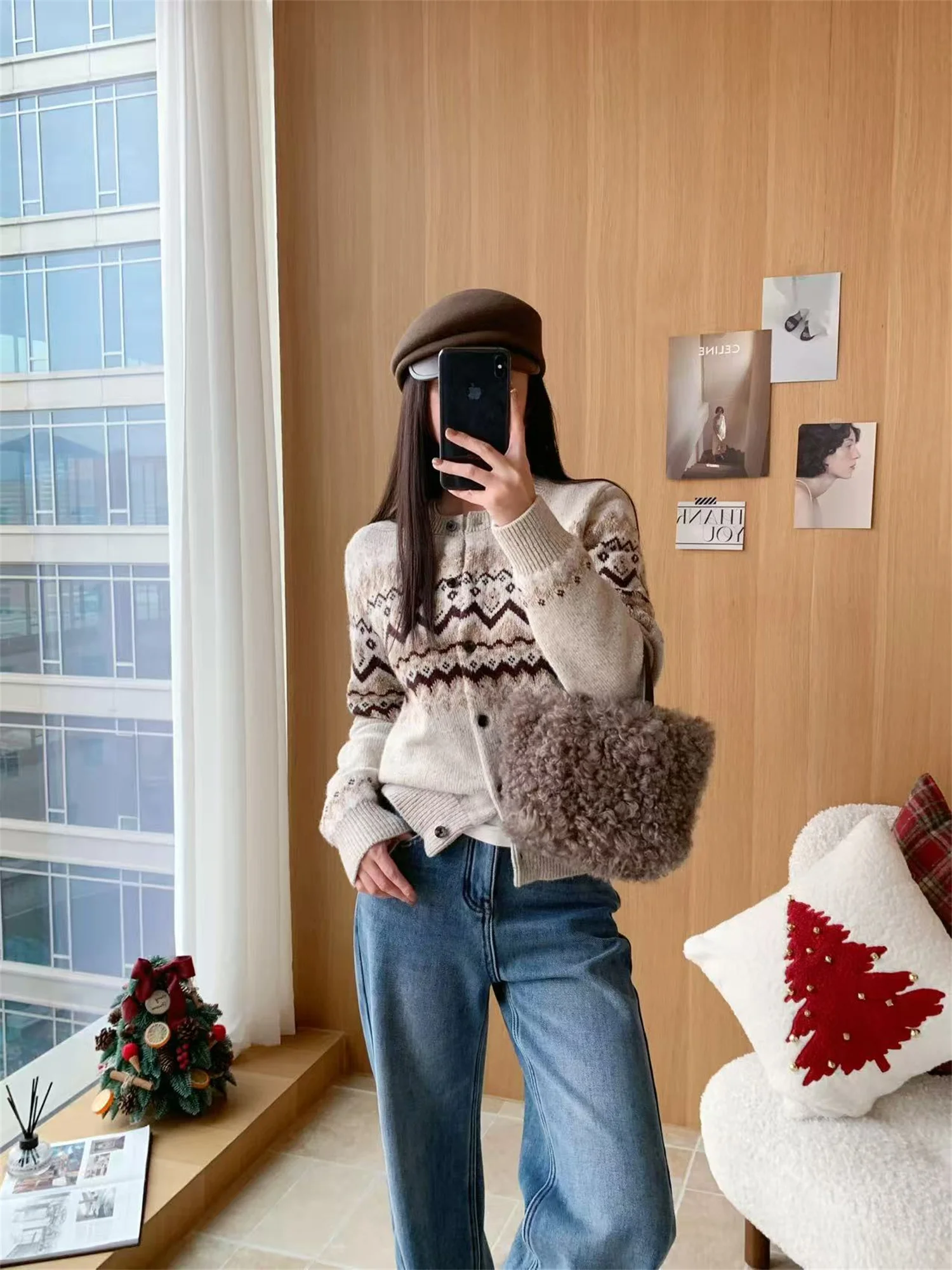 

Kelin Woolen Fair Isle Knitted Cardigan Ladies' Loose Fit Long Sve round Ne Sweater with Diamond Pattern for Daily Wear