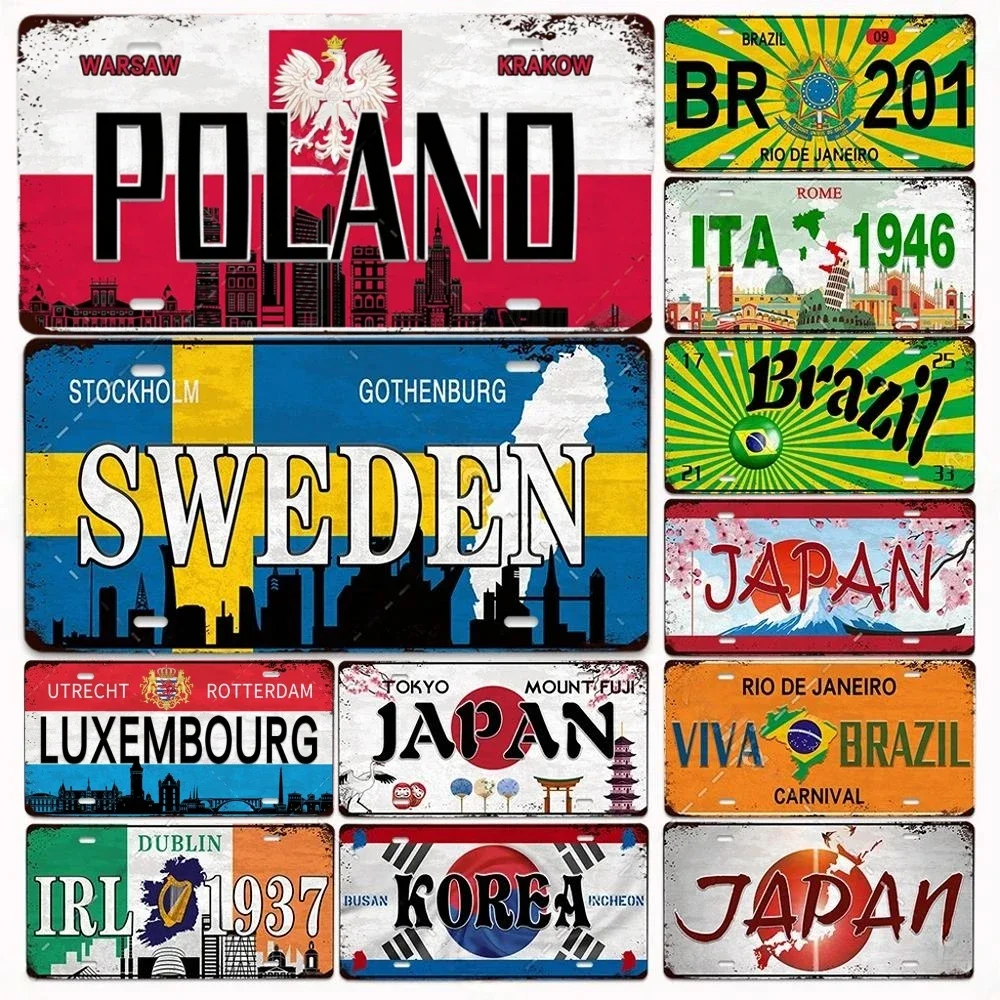 Retro License Plate Various Regions Metal Signs Posters Decor Italy Brazil Japan Poland Korea Ireland Bar Garage Plaque