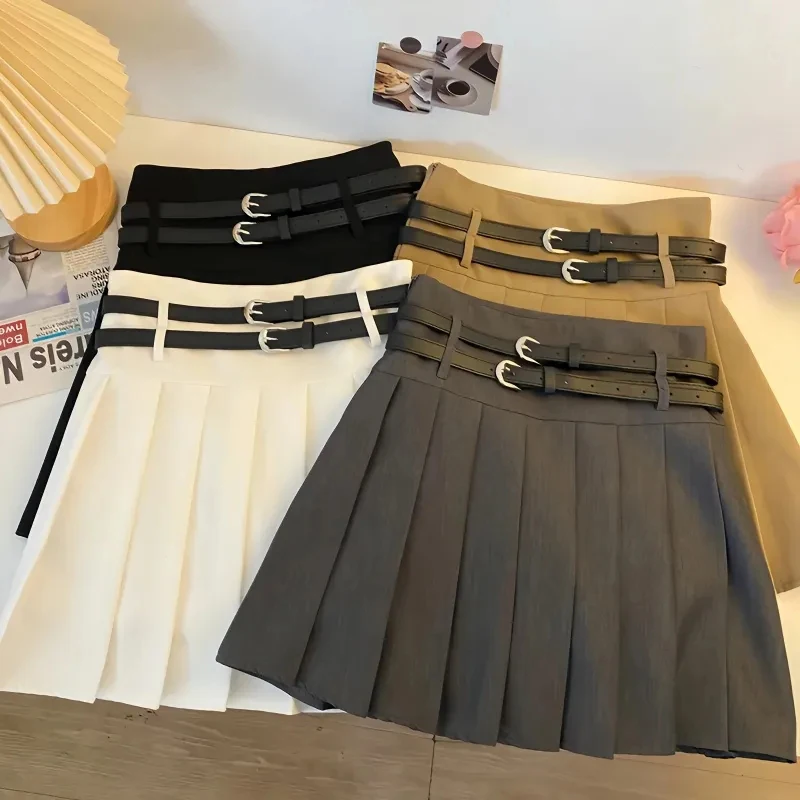 Fashion with Double Belt Pleated Skirts Women Summer High Waist Casual Preppy Mini Skirt Y2K Korean Solid All-Match A Line Skirt
