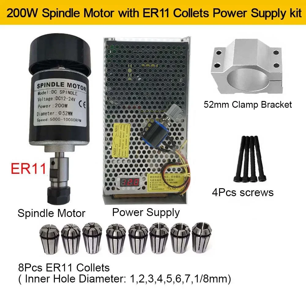 CNC Spindle Motor Power Supply Kit DC 24V 48V 110V 200W 300W 500W 800W  ER11 ER16 for CNC Router Acrylic ABS Engraving Machine