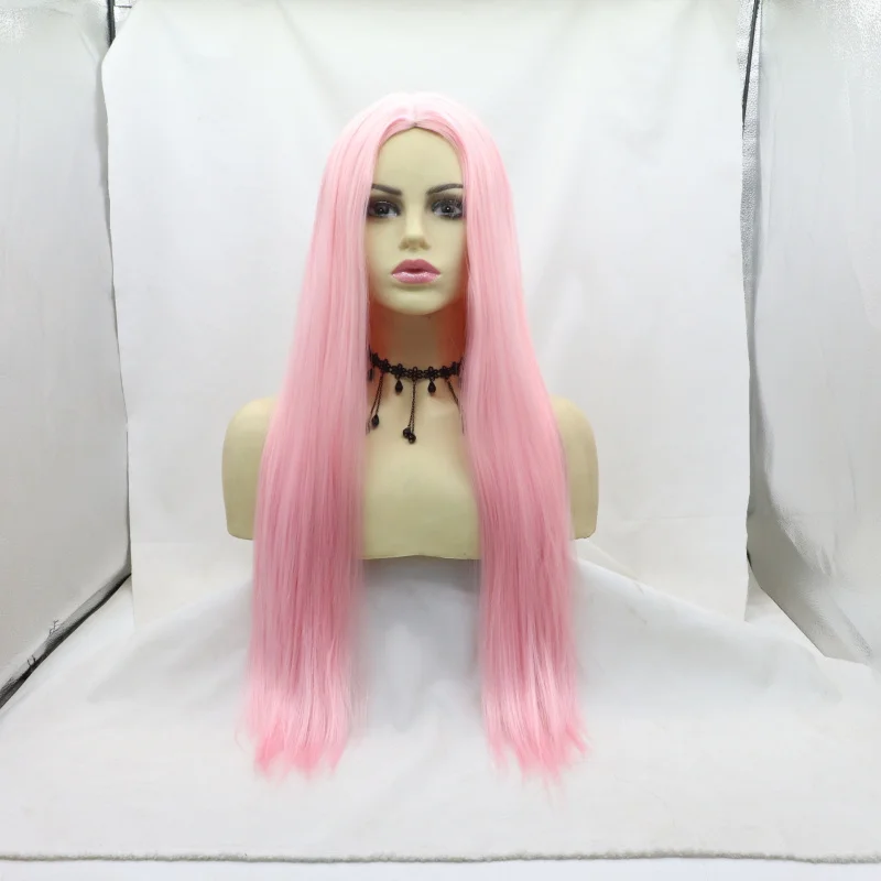 

High-temperature synthetic fiber wig, pink, middle-parted, long straight hair, fully machine-made, complete cosplay headpiece