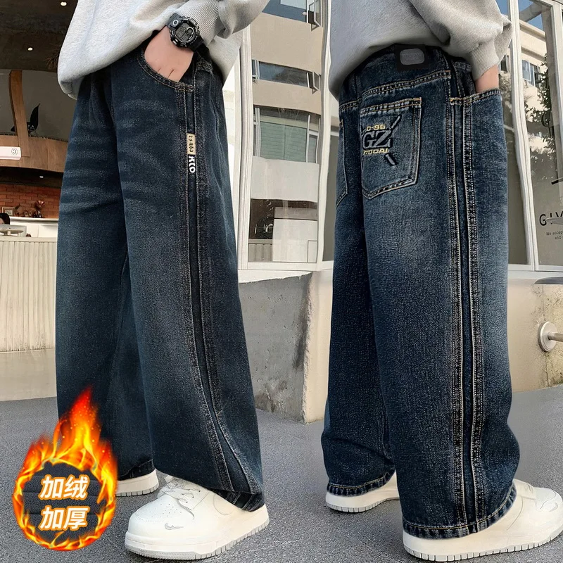 Kids Boy Winter Warm Slim Straight Insulated Jeans with Side Stripes Elegant Children Grey Color Thick Thermal Denim Pants 4-14Y