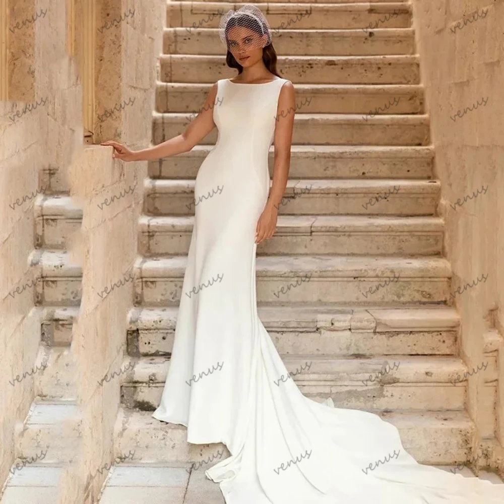 Abiti da sposa semplici abiti da sposa graziosi guaina in raso sirena senza maniche Backless affascinanti abiti eleganti Vestidos De Novia