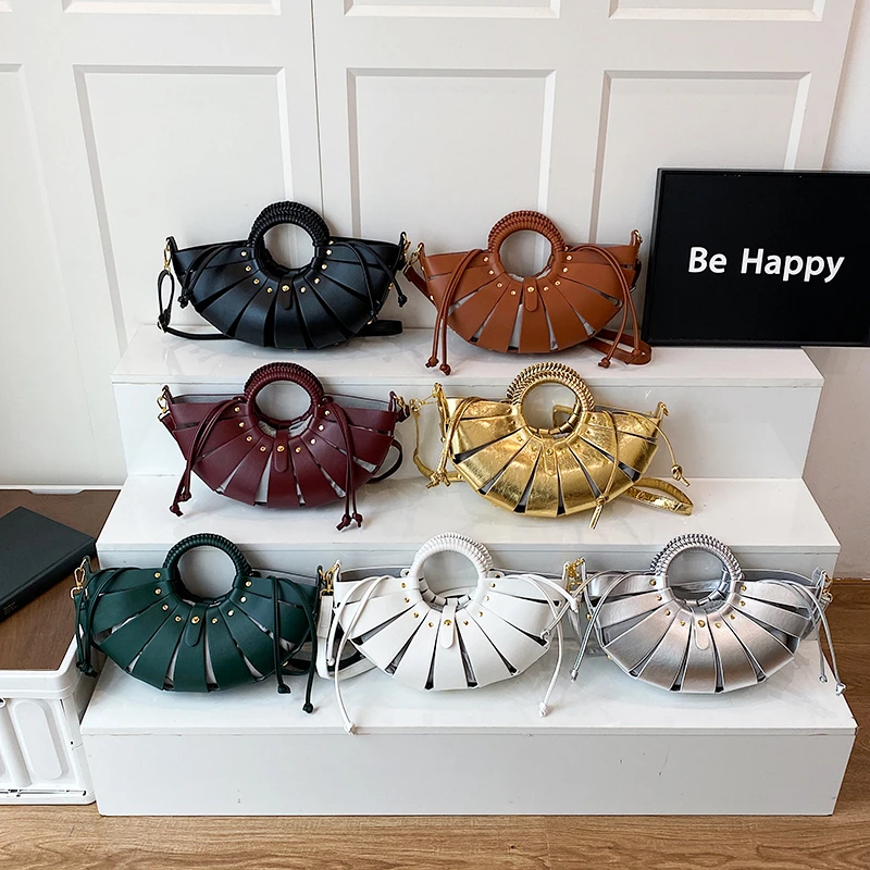 

Fashion PU Zipper Hollow Out Half Moon Bags Hot Sale Design Sense Niche Bags Europe America Style Personality Top-Handle Bags