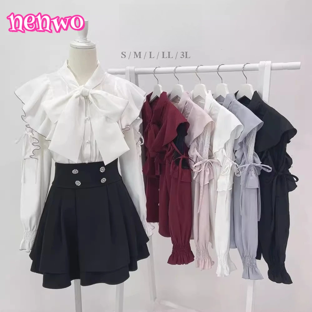 Rojita – chemisier japonais à manches longues, couleur unie, épissure de dentelle, bord à volants, chemises à bretelles, grand nœud, chemisier blanc