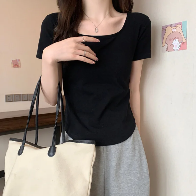 Woman Summer U-Neck Short Sleeve T-Shirt Girls Straight Shoulder Slim Fit Top Student Short Base Shirt Lady Casual T-Shirt Women