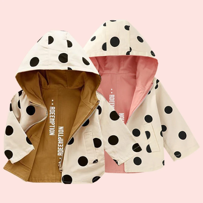 

2024 Spring Autumn Baby Boys Girls Jacket Children Polka Dot Hooded Double Sided Coats Toddler Outerwear Kids Windbreak Clothing