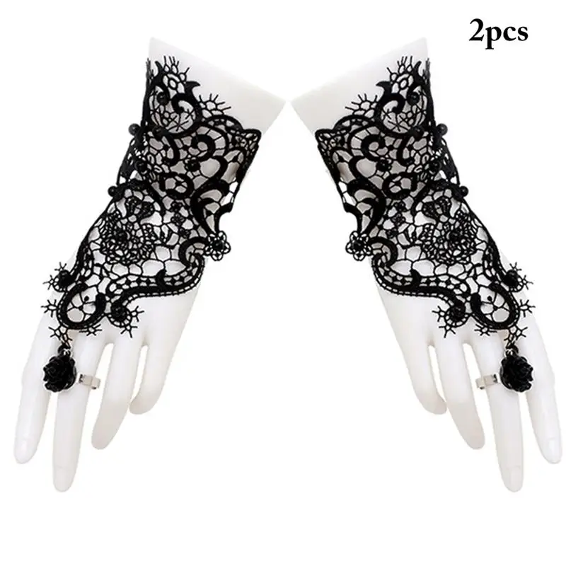 1 Pair Retro Ring Bracelet Lace Flower Sexy Women Ladies Punk Goth Lace Floral Finger Bracelet Wedding Party Costume Jewelry