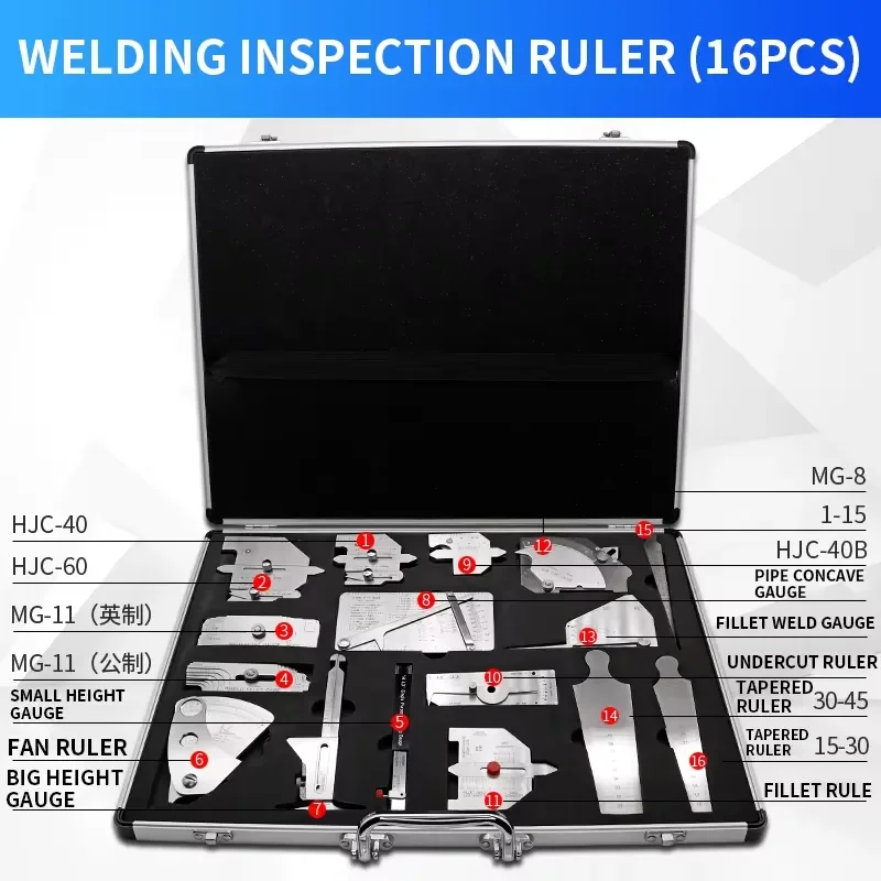 16pcs Welding Gauge Tool Kit With Brief Case Type Taper Gage HI-LO Test Ulnar Pipe Pit Ruler MG-8 Cam Welder Inspection
